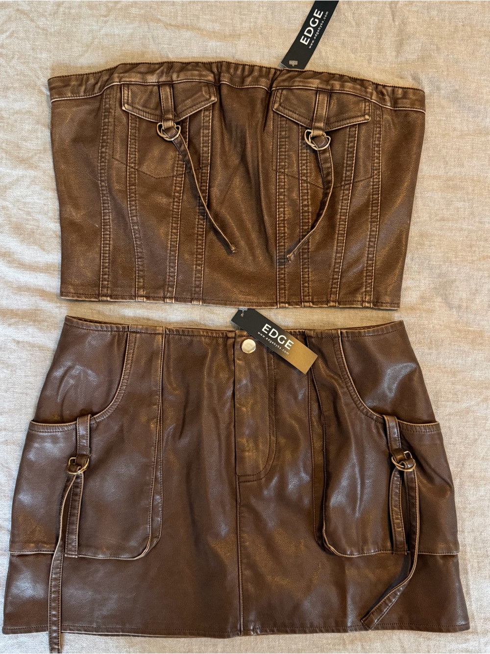 EDGE by KISS Brown Faux Leather Strapless Crop Top & Mini Skirt Set